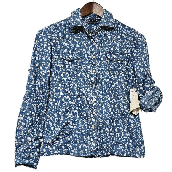 Vanilla Star Pearl Snap Button-Up Top Chambray Floral Size S NWT Cottage Country - Picture 2 of 10